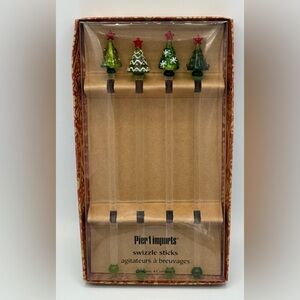 Pier 1 Christmas Tree Holiday Glass Swizzle Sticks New Old Stock Set of 4‎ NIP